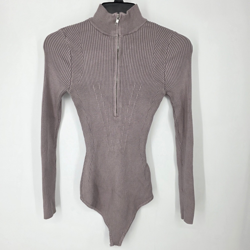 Abercrombie & Fitch Womens Ribbed Quarter Zip Long Sleeve Bodysuit Mauve Taupe S